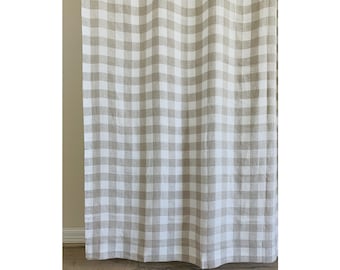 Cortina de ducha de lino con estampado de búfalo, tejido de lino natural con suave lino blanco y oscuro, todos los tamaños o tamaño personalizado