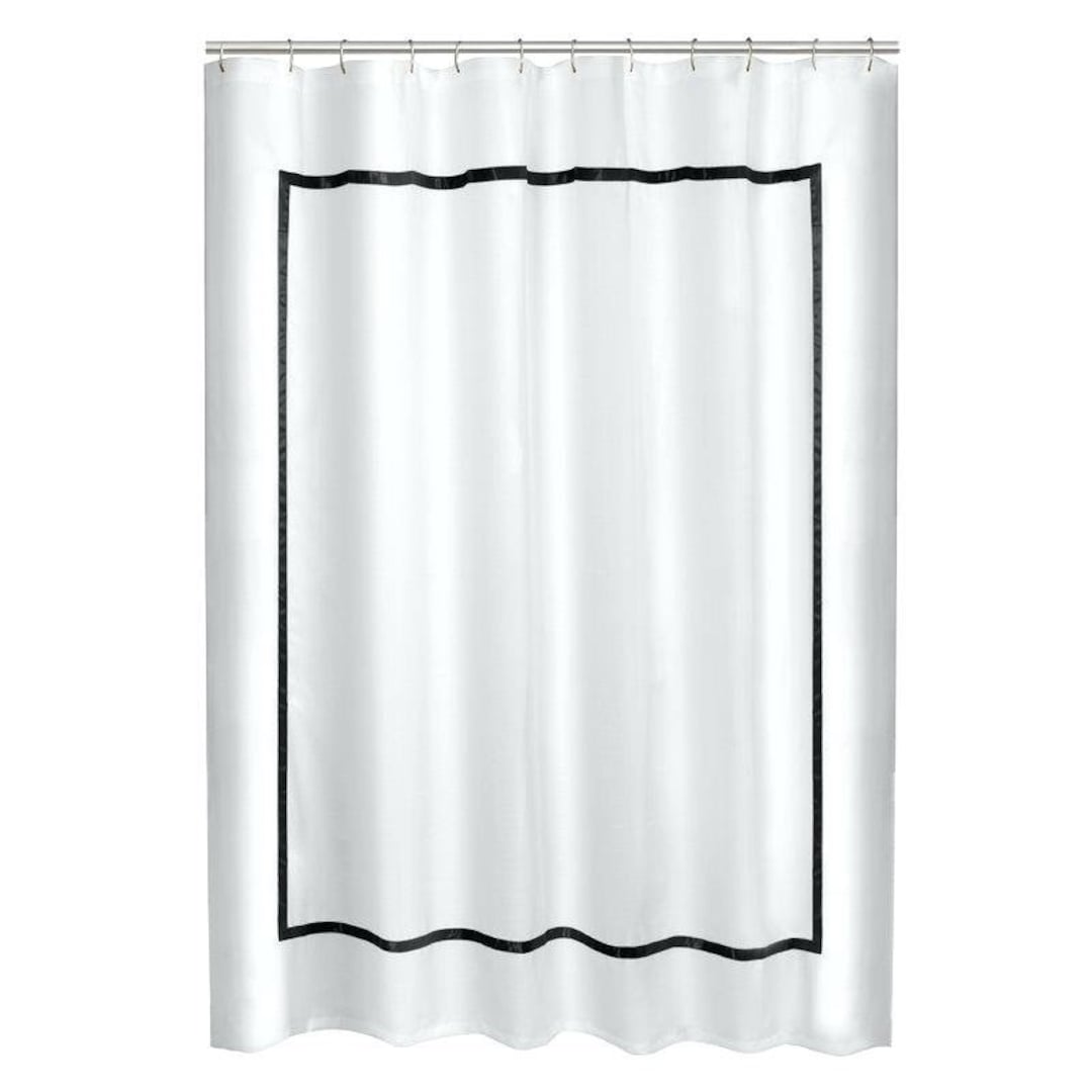 White Linen Shower Curtain With Border Trim, Hotel Framed Border Shower