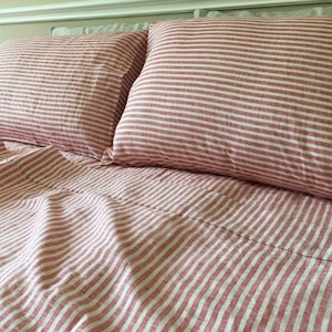 Red and White Striped bed sheets in natural linen, fitted sheet, 2 pillow cover, flat sheet, extra large Sheets set, dorm bedding