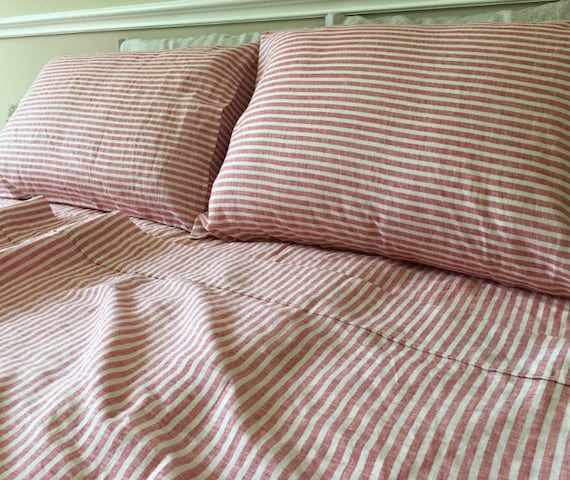Red and White Striped Bed Sheets in Natural Linen, Fitted Sheet, 2 Pillow  Cover, Flat Sheet, Extra Large Sheets Set, Dorm Bedding 