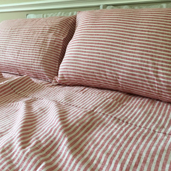 Sábanas de rayas rojas y blancas en lino natural, sábana ajustable, 2 fundas de almohada, sábana plana, juego de sábanas extra grandes, ropa de cama para dormitorio
