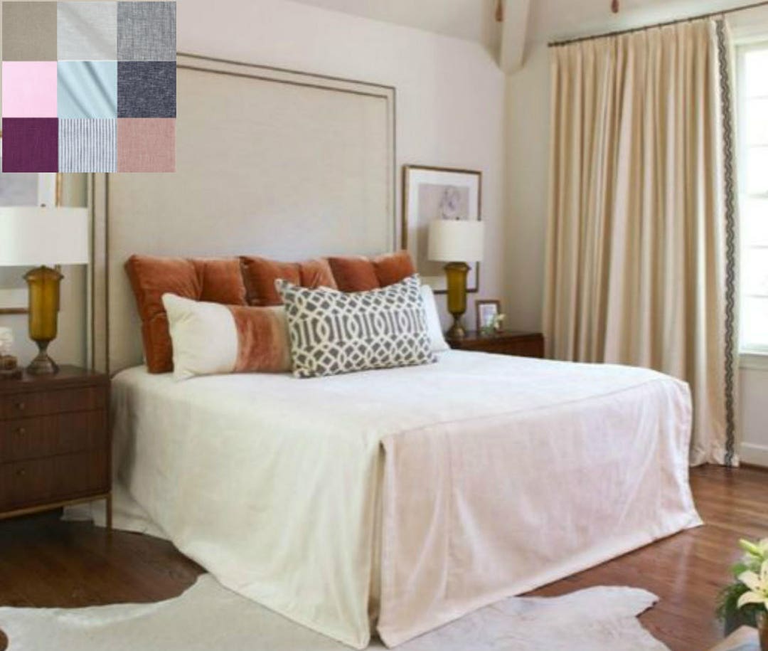 Boxed Style Bed Cover Natural Linen, Linen Coverlet, White, Gray, Blue