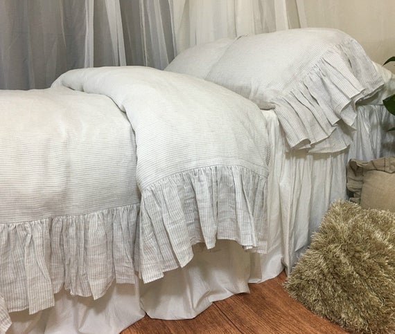 Stone Grey And White Ticking Striped Duvet Cover With Mermaid Etsy