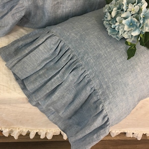 Par de fronhas de linho azul surf Chambray com babados longos de sereia, fronhas de linho, Shabby Chic