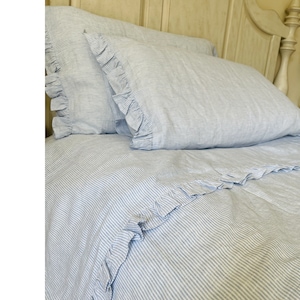 Blue White Ticking Striped Linen Bed Sheets Set with Ruffle details