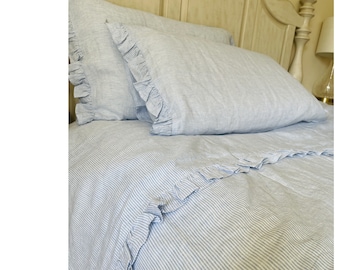 Blue White Ticking Striped Linen Bed Sheets Set with Ruffle details