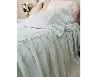 Mist Ocean Linen Bedspread with Ruffled Bed Skirt – Soft Washed Linen Bedding