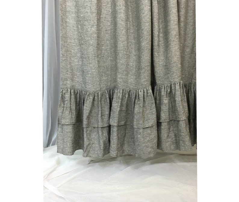 A Pair Of Chambray Grey Curtains With Double Layer Ruffle Hem Fully Lined Ruffled Extra Long Shabby Chic Image 0