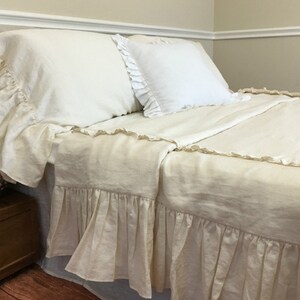 Shabby Chic ruffled duvet cover handmade in CREAM linen, features 2 rows of ruffles on top with mermaid long ruffles at sides. Romantic