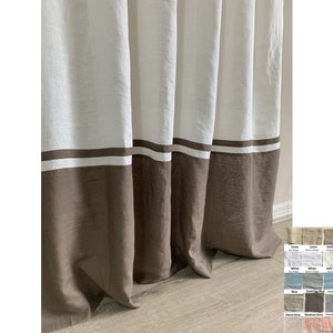 Natural Linen Color Block Shower Curtain with stripe – Mildew-Free, Custom Shower Curtain Border Trim Extra Long, 80+ Linen fabric