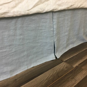 Duck Egg Blue Bed Skirt Tailored Pleats, Natural Linen, Custom Size and Drop Length