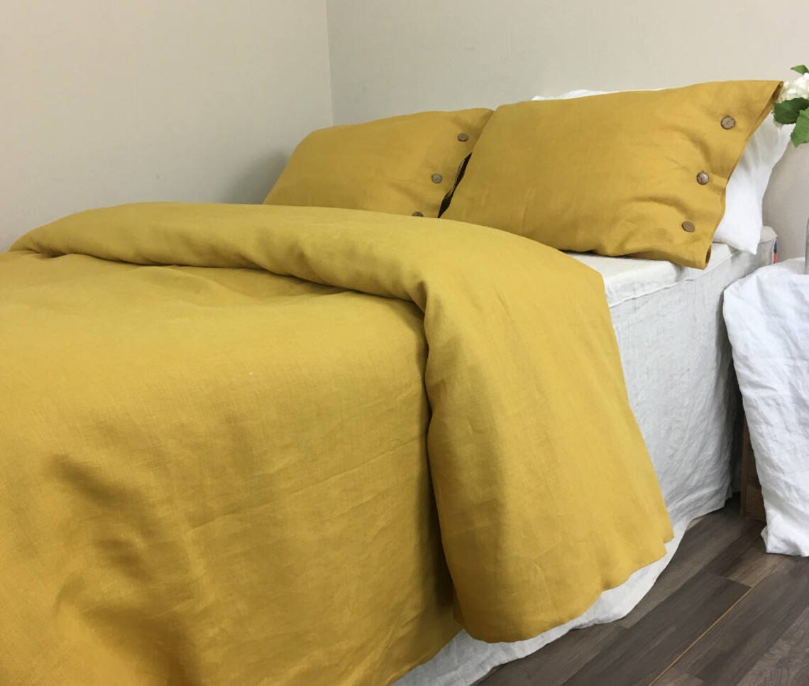 Mustard Gold Linen Duvet Cover with Wood Button Closure Etsy