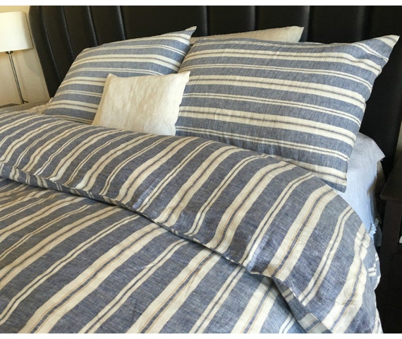 NAUTICAL STRIPE NAVY Duvet Cover With Striped Pillow Cover, Navy and Cream  Ticking Stripe Bedding in Queen, King Size, Linen Bedding 