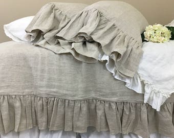 Natural Linen Duvet Cover with Mermaid Long Ruffles, Prewashed soft linen weaved in medium weight linen, linen bedding, shabby chic bedding