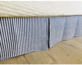 Slate White Striped Linen Bed Skirt, Tailored Pleats, made to fit