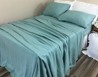 Moss Green Linen Bed Sheets Set, Green bedding, medium weight linen, top sheet, fitted sheet, pillow cases Twin, Queen, King or custom size