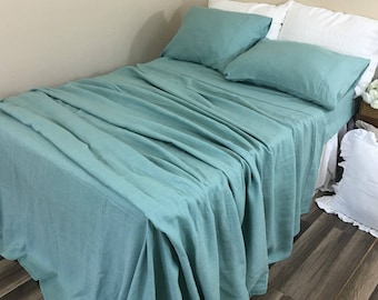 Set di lenzuola in lino verde muschio, biancheria da letto verde, lino di peso medio, lenzuolo superiore, lenzuolo con angoli, federe per letto singolo, matrimoniale, king size o misura personalizzata