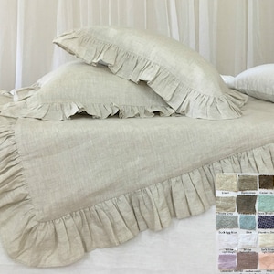 Ruffle linen duvet cover features easy flow ruffles, shabby chic bedding, linen bedding, available in queen duvet cover, king duvet cover