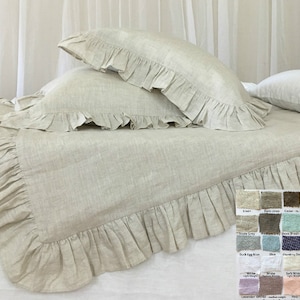 Ruffle linen duvet cover features easy flow ruffles, shabby chic bedding, linen bedding, available in queen duvet cover, king duvet cover image 1