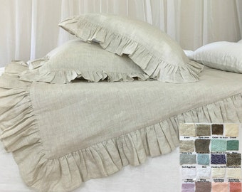 Ruffle linen duvet cover features easy flow ruffles, shabby chic bedding, linen bedding, available in queen duvet cover, king duvet cover