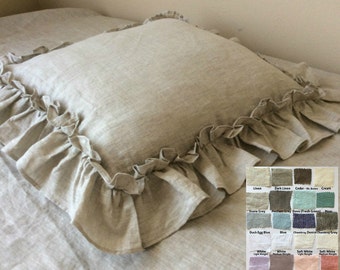 Vintage Ruffle pillow covers handmade in natural linen, accented euro pillow sham covers,  12x16, 16x16, 18x18, 20x20, 24x24, 26x26, 28x28