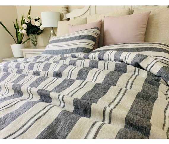 Slate Grey and Natural Linen Coastal Striped Duvet Cover, weaved in undyed natural linen and slate grey linen, Classic!