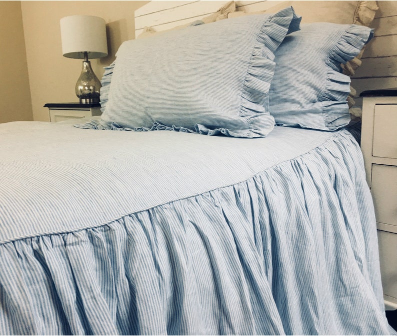 Blue and White Ticking Striped Linen Bedspread Ticking Etsy