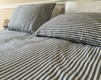Slate Gray and White Ticking Striped linen sheets, fitted sheet,  top sheet, extra large Full Sheets set, linen sheets queen, King