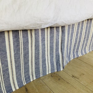 Nautical Striped Linen Bed skirt Tailored Pleats, Blue and Cream Striped Linen Pleated Bed Skirt, All Sizes, Custom Size