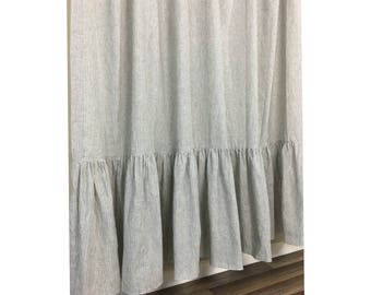 Black and white ticking striped shower curtain with mermaid long ruffles, Custom Size Shower Curtain