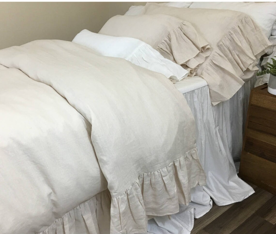 Cream Linen Duvet Cover With Mermaid Long Ruffles Sumptuous Etsy UK