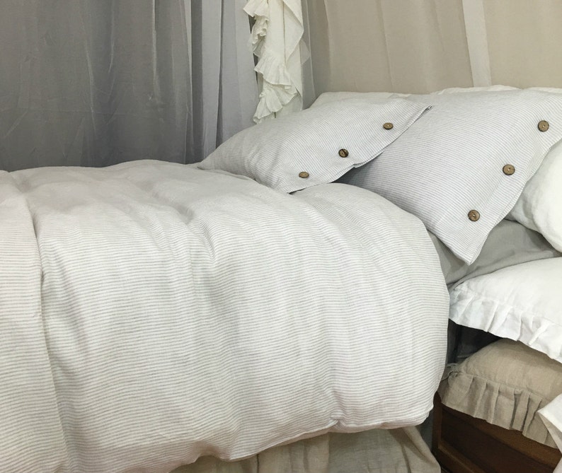Stone Grey Ticking Striped Duvet Cover With Wood On Image 0
