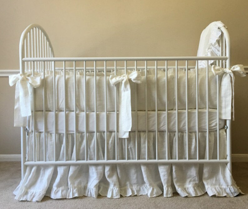 White Linen Crib Bedding Neutral Baby Bedding Set Ruffled Etsy