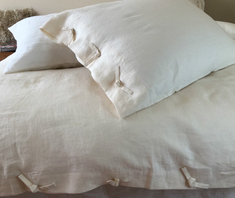 Cream Linen Duvet Cover With Tie Knot Washed Soft Image 0