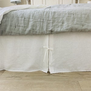 White Linen Bed Skirt with Inverted Pleats on the sides and Ties, 15-24 drop or Custom Size