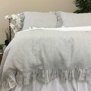 Ruffled Pinstripe Duvet Cover in Grey and White, Natural Linen Ruffle Bedding, Weaved stripes on both sides, Elegant Classic!