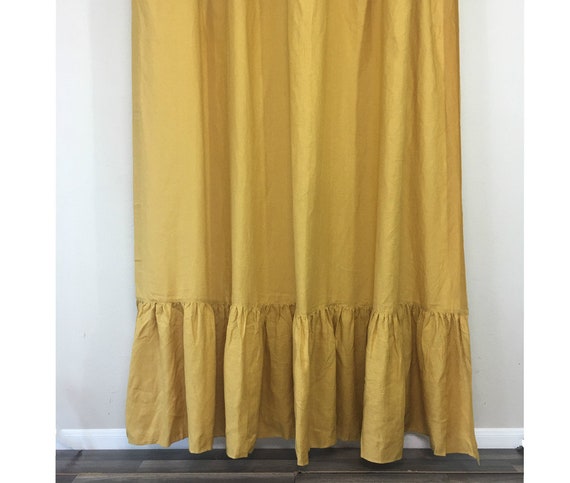 Mustard Gold Linen Shower Curtain With Mermaid Long Ruffles Etsy
