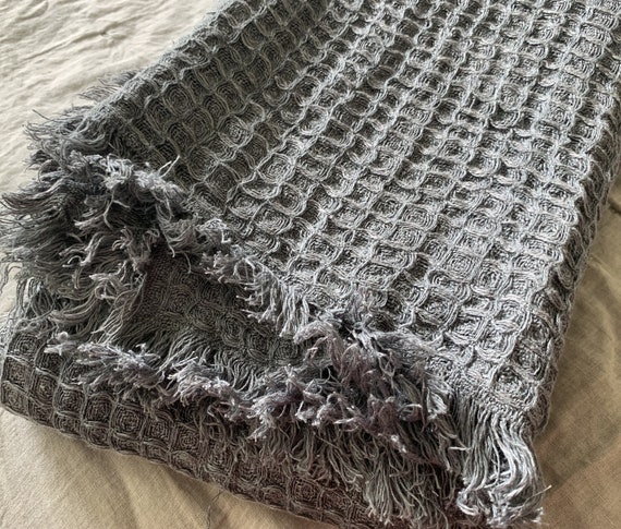 Slate Grey Waffle Linen Blanket With Fringe Thick and Warm