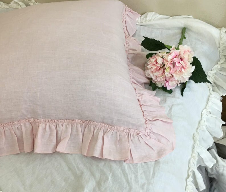 Chambray Blush Pink Euro Sham with Country Ruffles, Natural Linen, 12x16, 16x16, 18x18, 20x20, 24x24, 26x26 or custom size image 3