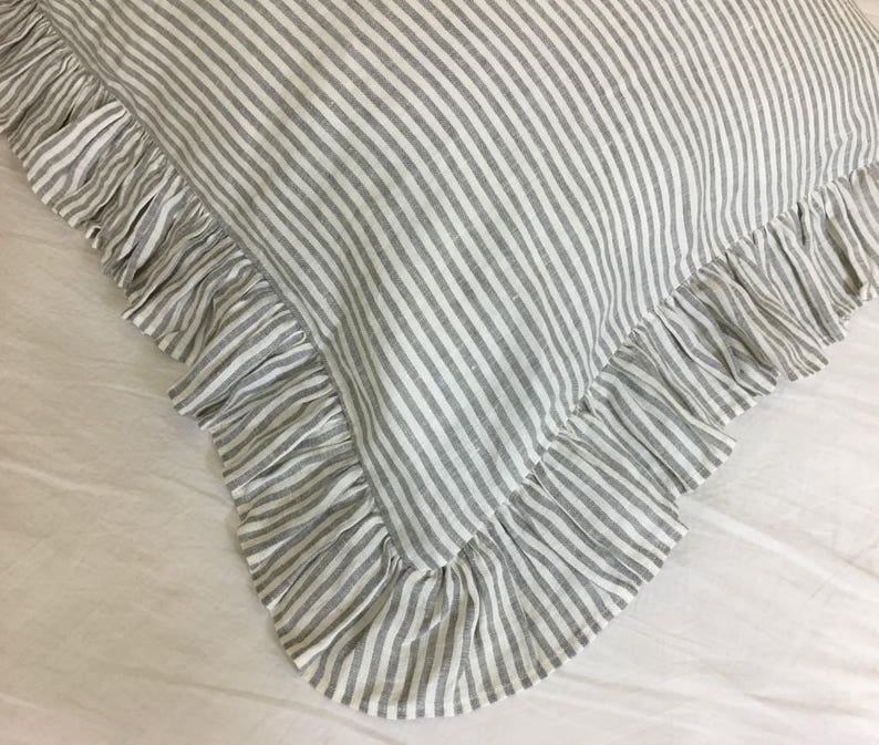 Grey and White Striped Ruffle Euro Sham Covers Natural Linen Etsy
