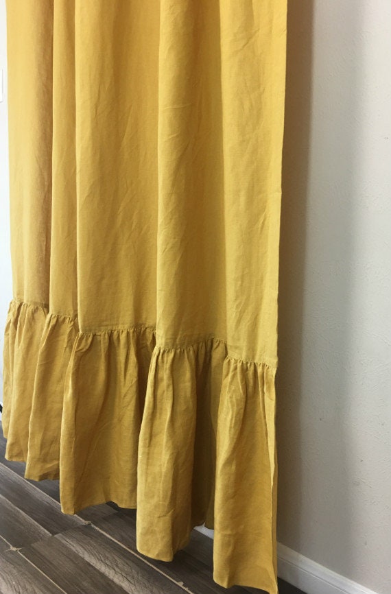 Mustard Gold Linen Shower Curtain With Mermaid Long Ruffles Etsy Canada