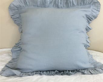 Duck Egg Blue Linen Ruffle Euro Sham Cover, Natural Linen Euro Sham Cover, All sizes available, Bedding dreams happening over here!!