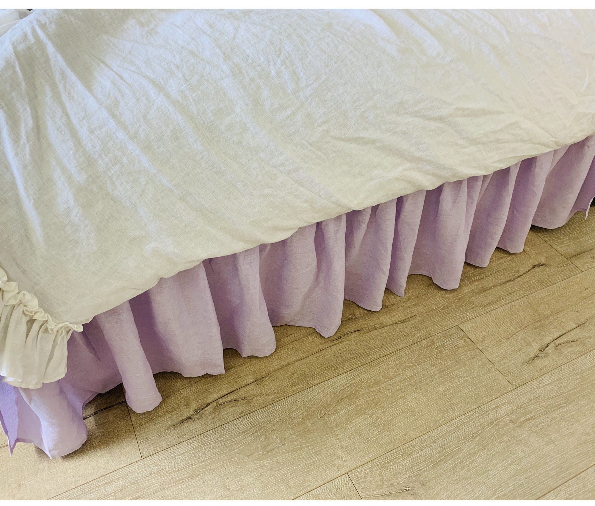 Lavender Linen Bed Skirt with gathered ruffles Purple linen Etsy