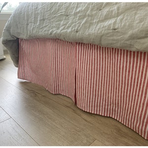 Red White Striped Linen Bed Skirt Tailored Pleats, All sizes, Farmhouse Decor Charm