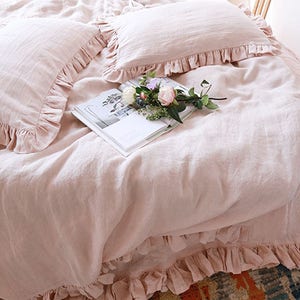 Ruffle linen duvet cover features easy flow ruffles, shabby chic bedding, linen bedding, available in queen duvet cover, king duvet cover image 3