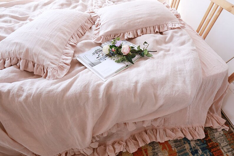 Ruffle linen duvet cover features easy flow ruffles, shabby chic bedding, linen bedding, available in queen duvet cover, king duvet cover image 3