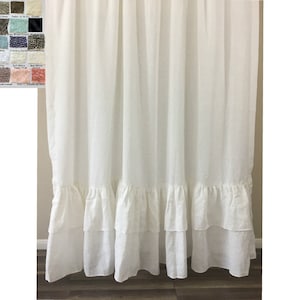 A pair of Linen curtains with double rows of mermaid long ruffles, ruffled curtains, extra long curtains, Country Curtains Cottage Style