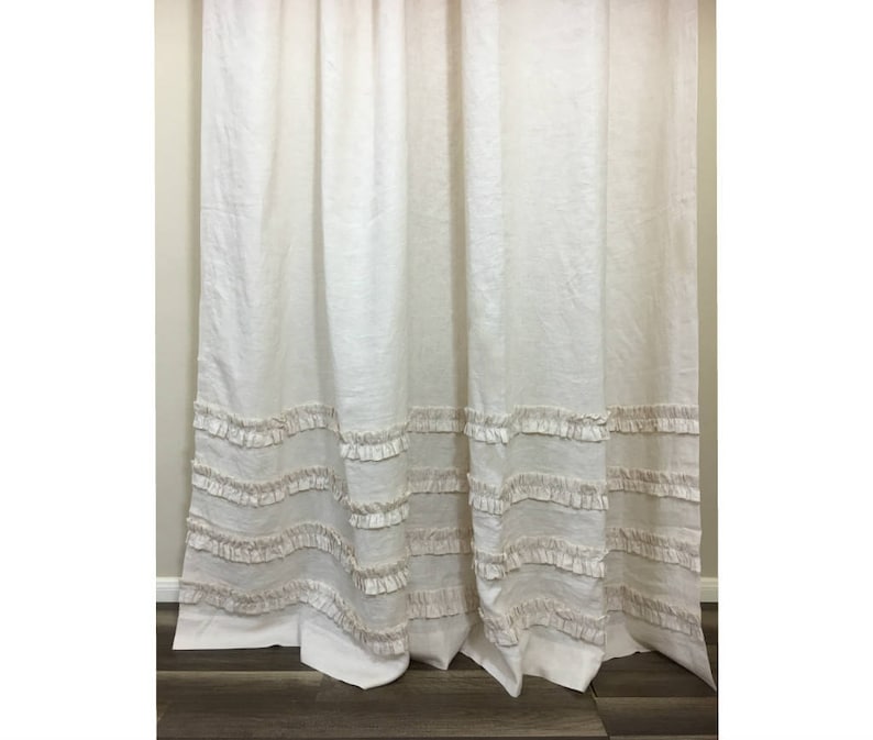 Cream Linen Shower Curtain With 4 Rows Of Ruffles Stunning 72x72 72x85 72x94 Or Custom Size