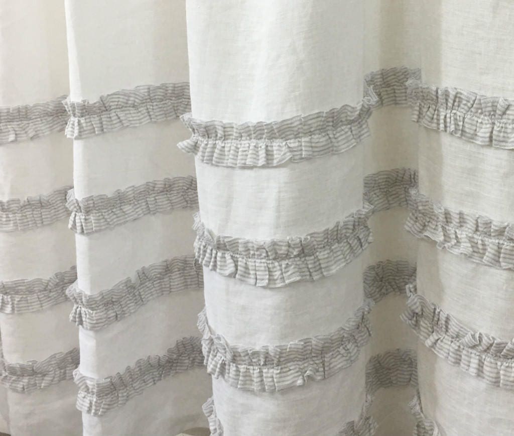 White Linen Shower Curtain With Grey Ticking Stripes 4 Rows of Etsy