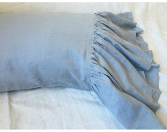 A pair of Shabby Chic Pillow Covers in Duck Egg Blue Linen Pillow Casess with Mermaid long ruffles, inspired by French country style